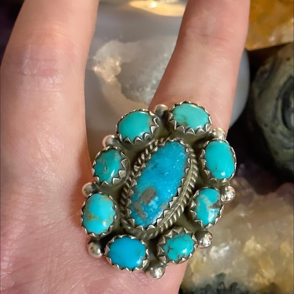 Turquoise Flower Cluster Statement Sterling Silve… - image 2
